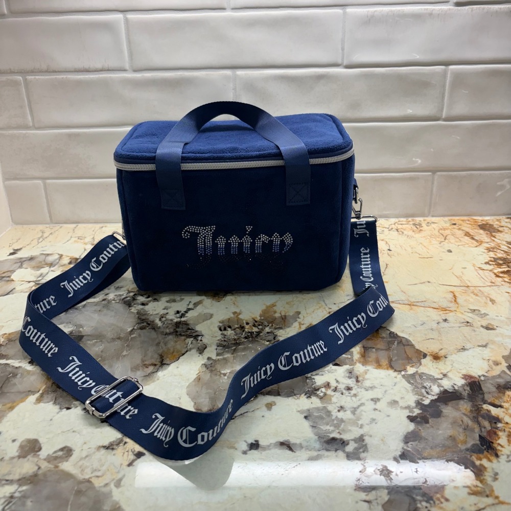 Y2K Juicy Couture Navy Blue Velour Insulated Lunch Bag Rhinestone Logo Crossbody